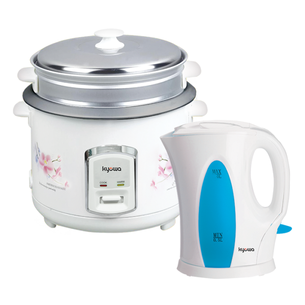 Kyowa Home Starter Bundle: Kyowa 1.5 Liters Rice Cooker with Steamer - White (K2015) + Kyowa 1.0 Liter Electric Kettle-Blue (K13464)