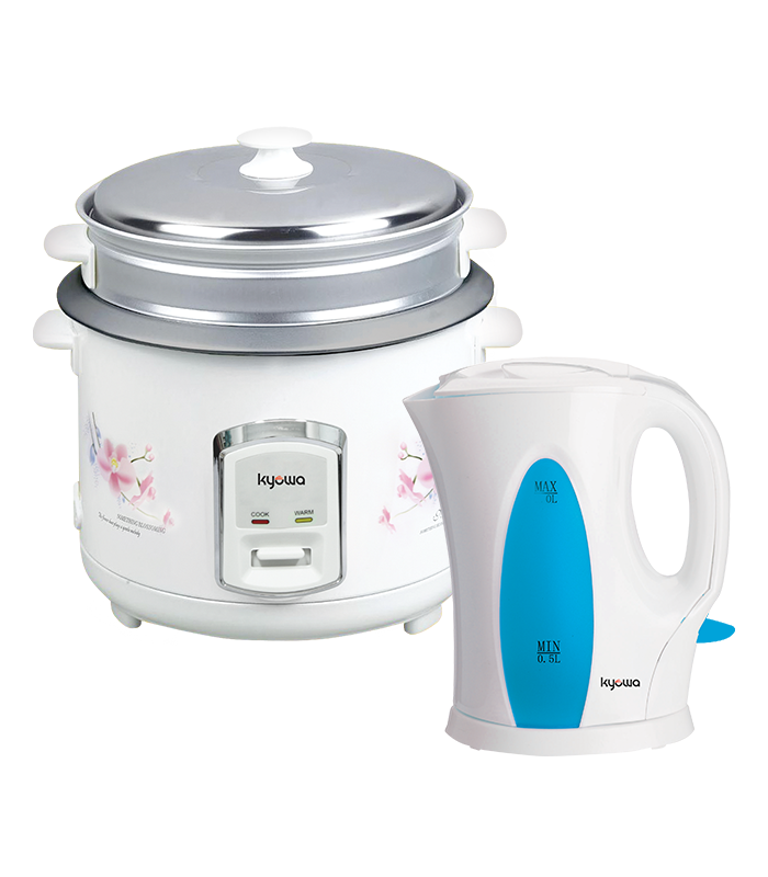 K2015 + K13464 Kyowa Home Starter Bundle: Kyowa 1.5 Liters Rice Cooker with Steamer - White (K2015) + Kyowa 1.0 Liter Electric Kettle-Blue (K13464) - Image 1
