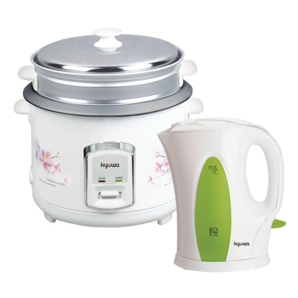 Kyowa Home Starter Bundle: Kyowa 1.5 Liters Rice Cooker with Steamer - White (K2015) + Kyowa 3.0Liter Electric Kettle-Green (K13465)