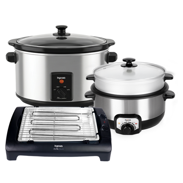 Kyowa Rainy Season Specials Bundle: Kyowa 8.0 Liters Oval Slow Cooker with Stainless Steel Body (KW-2858) + Kyowa Electric Griller - Black (KW-3709) + Kyowa Multi Cooker Stainless Steel (KW-3802)